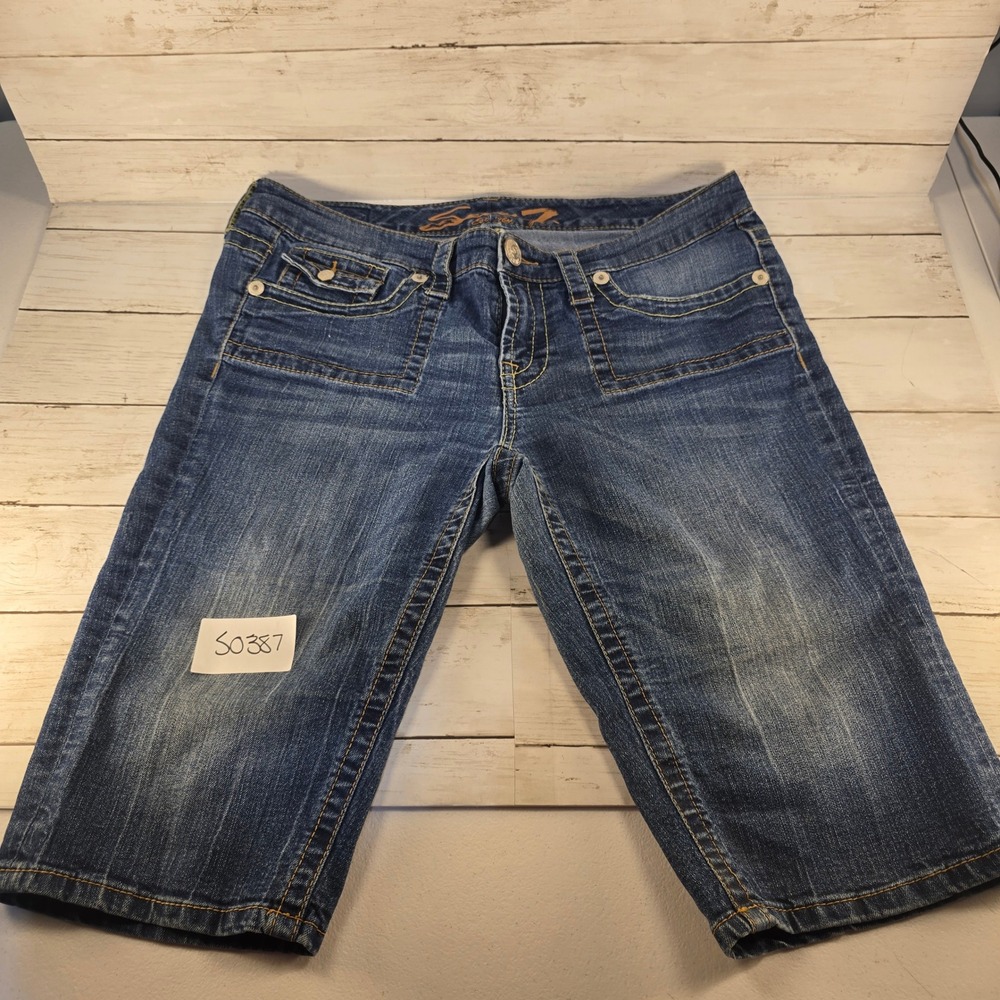 Seven7 Womens Blue Denim Bermuda Shorts Sz 12 Stretch Mid Rise Faded Knee Length